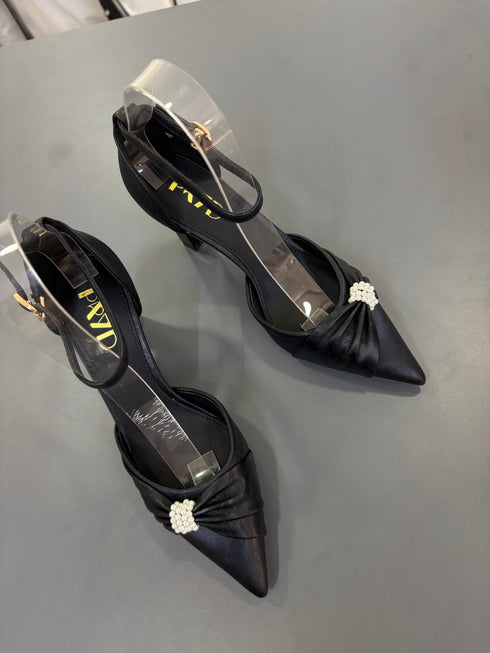 Ladies Elegant Pearl Decor Bow Pointy Toe Heel